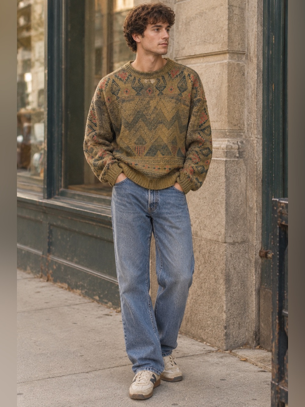 Vintage crewneck Olive Green Patterned Crewneck Sweater unisex size medium